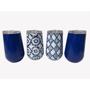 NIB Stainless Insulated Wine Tumblers Blue Teal Abstract Lids Members Mark 4 PK